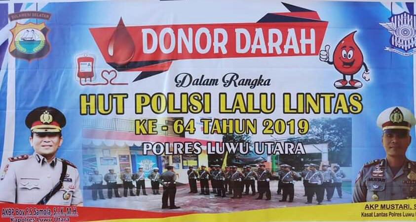 Polres Lutra Gelar Donor Darah, Pembagian Snack dan Bunga Pada HUT Lantas ke-64