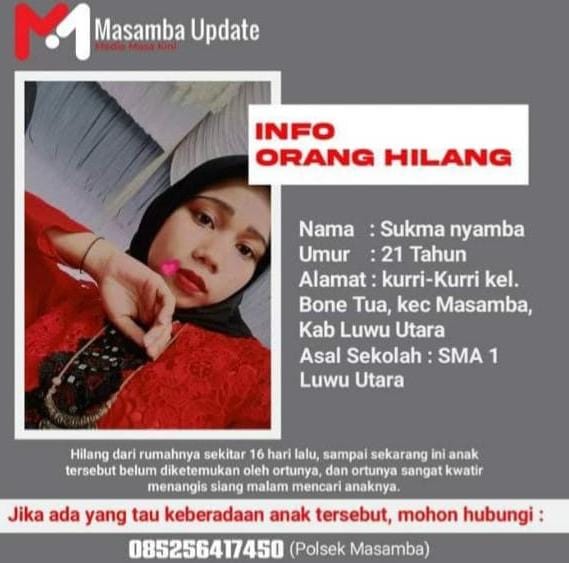 Sukma Bunga Bunganna Masamba Kabur dari Rumah sudah Dua Pekan, Orang Tua Lapor Polisi