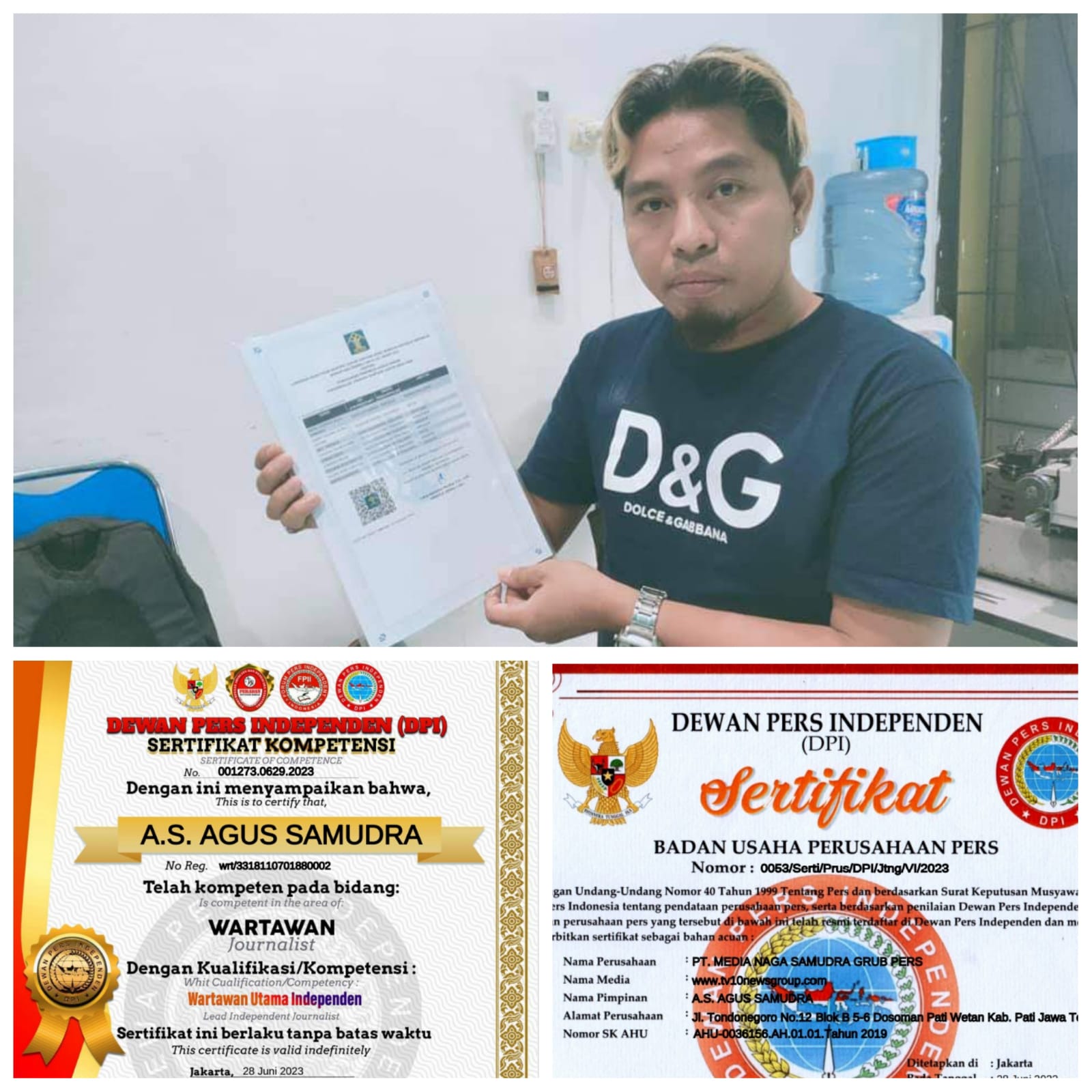 Kasihhati:”PT.MNS Grub Pers Terverifikasi Dewan Pers Independen (DPI), Agus Kliwir Terima Sertifikasi Wartawan Utama Independen