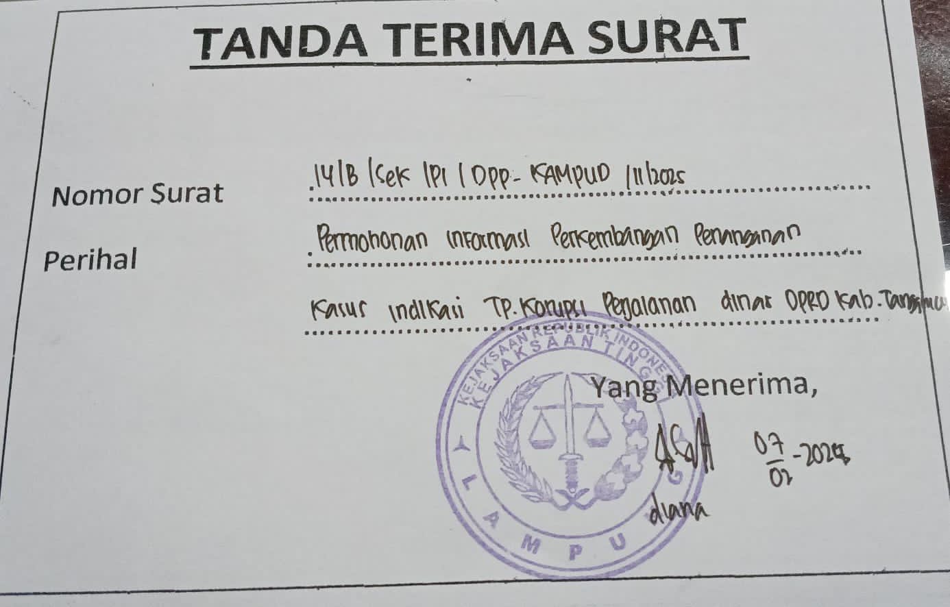 Kirim Permohonan Ke Kejati Lampung DPP Kampud Kawal Kasus Tipikor Perjalanan Dinas DPRD Tanggamus