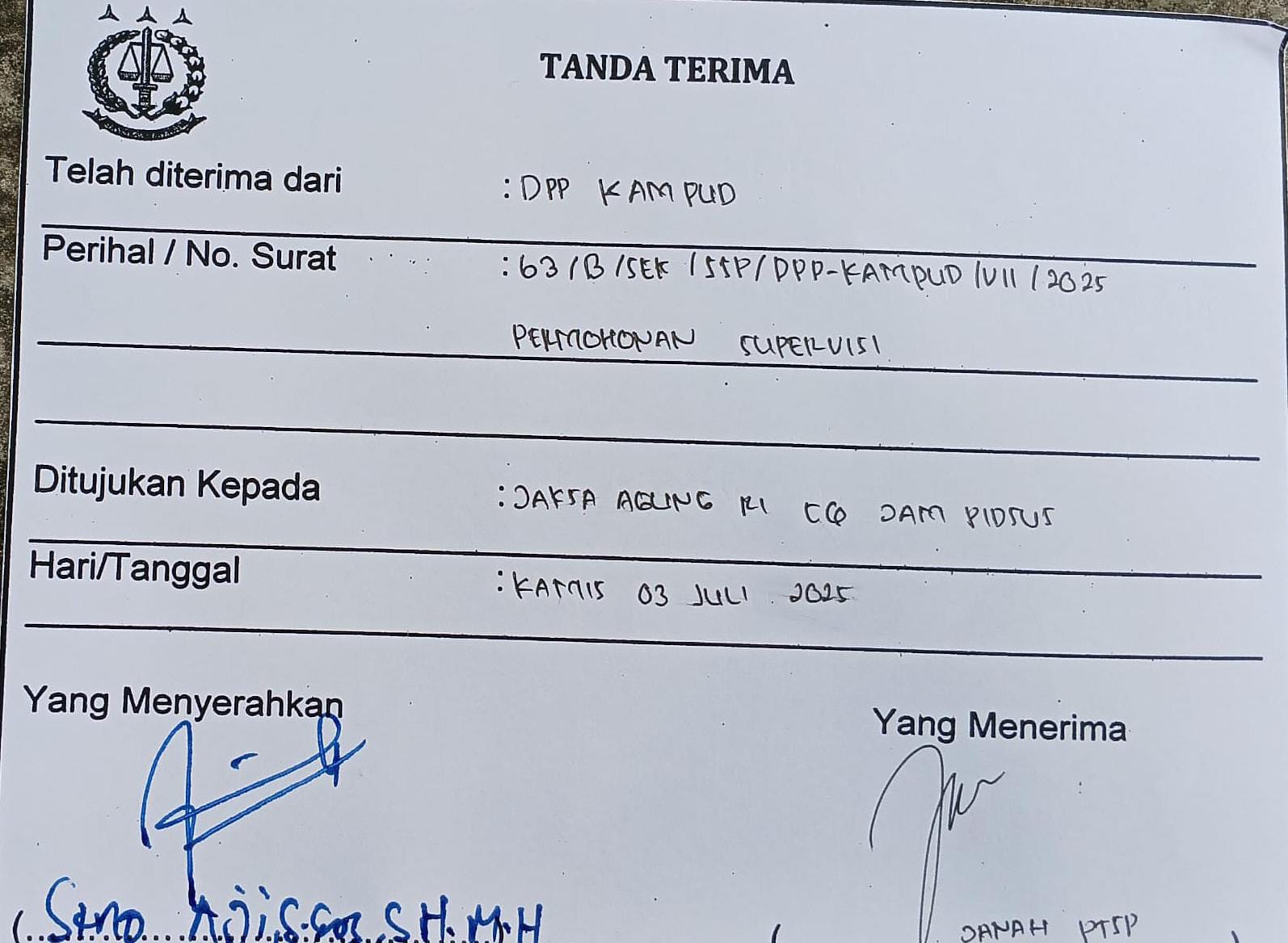 Surati Kejagung DPP Kampud Supervisi Dan Tetapkan MYSB Tersangka Dalam Korupsi Hibah Koni Lampung