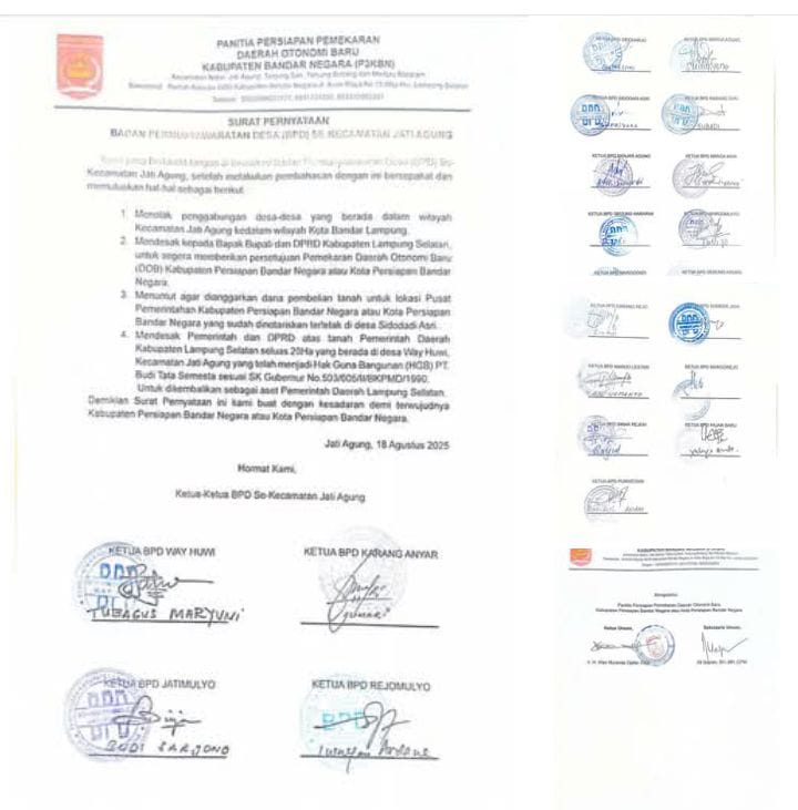Panitia Pemekaran Kabupaten Bandar Negara Resmi Kirimkan Surat Penolakan Dari Seluruh BPD Se-Kecamatan Jati Agung Ke Gubernur Dan DPRD Provinsi Lampung